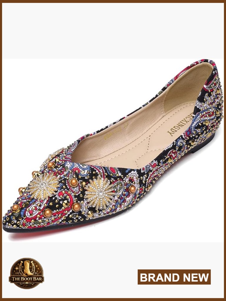 Pointed Toe Ballet Flats With Rhinestones, Satin Fabric, Slip-On Dress Shoes
